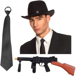 Gangster/maffia/roaring Twenties verkleed set - gleufhoed zwart - stropdas en machinegeweer - Verkleedhoofddeksels