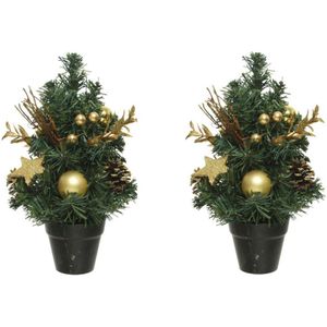 2x stuks mini kunst kerstbomen/kunstbomen met gouden versiering 30 cm - Kunstkerstboom