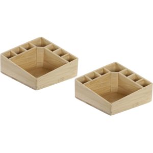 2x Stuks bamboe bureau organizer/houder sorteerbakje/pennenbakje 14 x 14 x 7 cm - Bureau-organizers / pennenbakjes