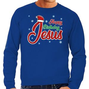 Blauwe foute kersttrui / sweater Happy Birthday Jesus voor heren - kerst truien