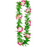 Carnaval verkleed set - Tropische Hawaii party - Ibiza strohoedje - en bloemenkrans groen/roze - Verkleedhoofddeksels