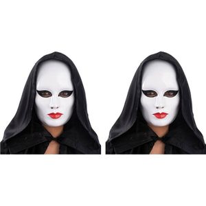 2x Gezichtsmasker wit met rode lippen - Verkleedmaskers