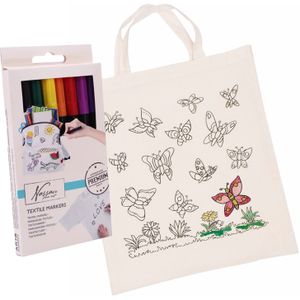 Inkleurbaar tasje met vlinder motief incl 8x textielstiften - katoen - 38 x 42 cm - Hobbypakket