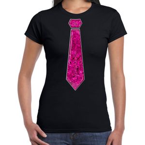 Verkleed t-shirt voor dames - stropdas roze - pailletten - zwart - carnaval - foute party - Feestshirts