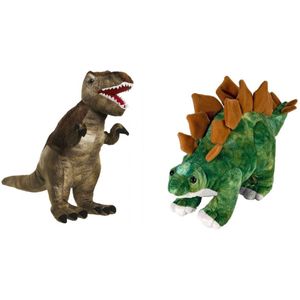 Setje van 2x knuffel dinosaurussen T-Rex en Stegosaurus