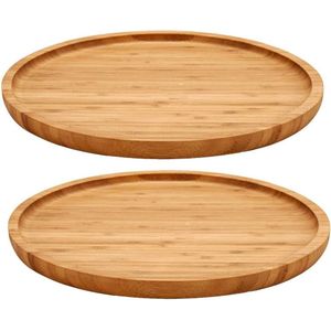 Voedsel/hapjes serveerplank - 2x stuks - van bamboe - diameter 25 cm - met rand - Serveerplanken