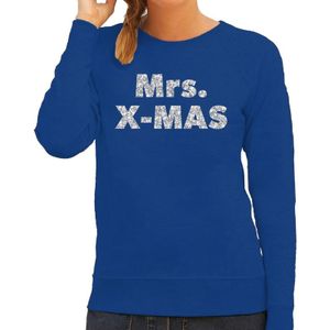 Blauwe foute kersttrui / sweater Mrs. x-mas zilveren letters voor dames - kerst truien