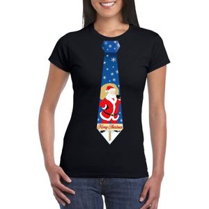 Foute Kerst t-shirt stropdas met kerstman print zwart voor dames - kerst t-shirts