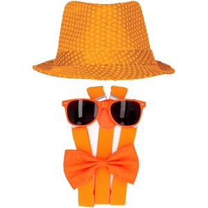 Carnaval verkleed set compleet - hoedje/bretels/bril/strikje - oranje - heren/dames - glimmend - Verkleedattributen
