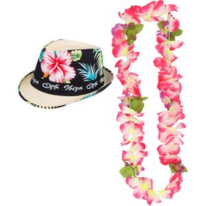 Hawaii thema party verkleedset - Trilby strohoedje - bloemenkrans roze/wit - Tropical toppers - Verkleedhoofddeksels