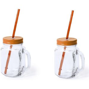 2x stuks glazen Mason Jar drinkbekers oranje dop/rietje 500 ml - Drinkbekers