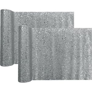 Kerst thema tafelloper op rol - 2x - zilver glitter - 28 x 300 cm - polyester - Tafellakens