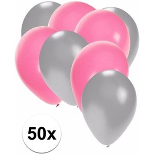 50x ballonnen - 27 cm - zilver / lichtroze versiering - Ballonnen