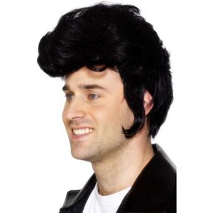 Elvis verkleed pruik - heren - zwart - met grote rock and roll kuif - Verkleedpruiken