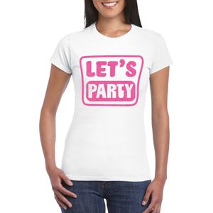 Verkleed T-shirt voor dames - lets party - wit - glitter roze - carnaval/themafeest - Feestshirts