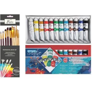 Acrylverf schilderset - 12x gekleurde tubes van 12 ml - met 10x schilderpenselen - kids/adults - Hobbyverf