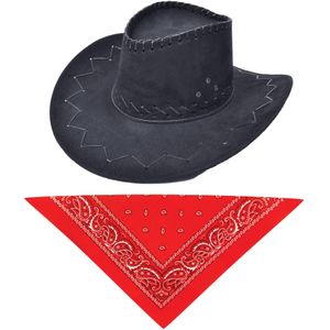 Carnaval verkleed hoed voor een cowboy - zwart - polyester - heren/dames - incl. bandana - Verkleedhoofddeksels