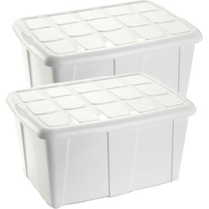 Opslagbox kist van 60 liter met deksel - 2x - Wit - kunststof - 63 x 46 x 32 cm - Opbergbox