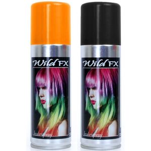 Set van 2x kleuren haarverf/haarspray van 125 ml - Zwart en Oranje - Verkleedhaarkleuring