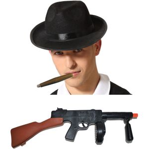 Gangster/maffia/roaring Twenties verkleed set - gleufhoed zwart - met dikke sigaar en machinegeweer - Verkleedhoofddeksels
