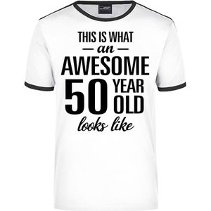 Awesome 50 year / 50 jaar wit/zwart ringer cadeau t-shirt voor heren - Abraham - Feestshirts