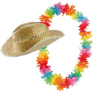 Carnaval verkleed set - Tropische Hawaii party - stro beach hoed - met gekleurde bloemenslinger - Verkleedhoofddeksels