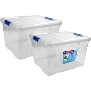 Set van 2x stuks kunststof opbergbox/opbergkist met deksel 25 liter transparant/blauw 42 x 35 x 25 cm