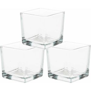Glazen theelichtjes/waxinelichtjes kaarsenhouder - 3x - vierkant - transparant - 8 x 8 cm - Waxinelichtjeshouders