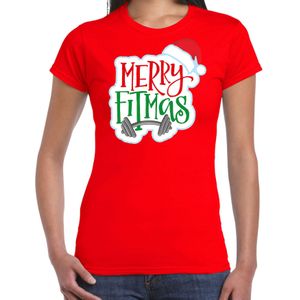 Merry fitmas Kerstshirt / outfit rood voor dames - kerst t-shirts