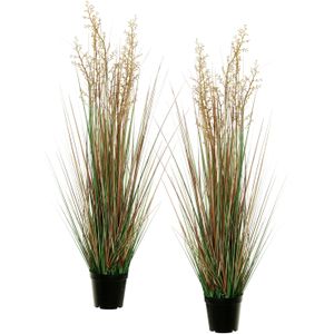 Louis Maes Quality kunstplant - 2x - Siergras met bes - groen/bruin - H95 cm - in pot