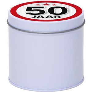 Metalen wit rond blikje cadeauverpakking 10 cm met 50 jaar sticker - Cadeaudoosjes