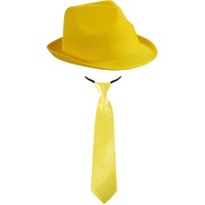 Carnaval verkleed set - hoedje en stropdas - geel - volwassenen - Verkleedhoofddeksels