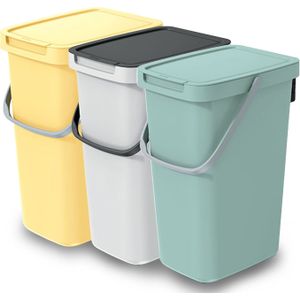GFT/rest afvalbakken set - 3x - wit/geel/groen - 12L - afsluitbaar - 20 x 26 x 37 cm - afval scheid - Prullenbakken