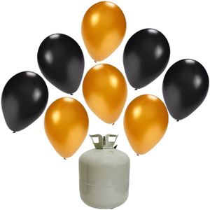 30x Helium ballonnen zwart/goud 27 cm + helium tank/cilinder - Ballonnen
