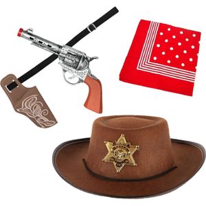 Carnaval Verkleed set - Cowboy hoed bruin/zakdoek rood/holster met revolver - voor kinderen - Verkleedhoofddeksels