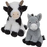 Pluche boerderijdieren knuffels Koe en Ezel setje van 23 en 16 cm - Knuffel boederijdieren
