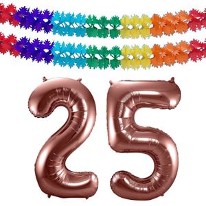 Grote folie ballonnen cijfer 25 in het brons 86 cm en 2 feestslingers - Ballonnen