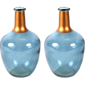 Countryfield Bloemenvaas Firm Big Bottle - 2x - blauw transparant/koper - glas - D15 x H25 cm