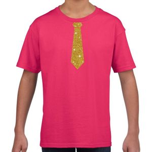 Fuchsia roze shirt met gouden stropdas bedrukking - Feestshirts