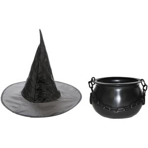 Carnavalskleding heksen accessoires heksenhoed en heksenketel 24 cm voor meisjes/kinderen - Verkleedattributen