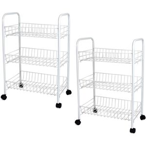 Set van 2x stuks witte keuken trolleys met manden op wielen 40 x 26 x 62 cm - Keuken/badkamer rekje van metaal