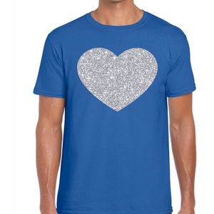 Zilver hart glitter fun t-shirt blauw heren - Feestshirts