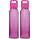 2x stuks glazen waterfles/drinkfles transparant roze met schroefdop met handvat 500 ml - Drinkflessen