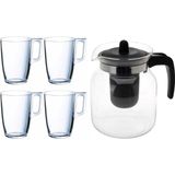 Glazen theepot zwart met filter van 1,5 liter met 10x stuks theeglazen Arcoroc van 320 ml