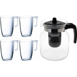 Glazen theepot zwart met filter van 1,5 liter met 10x stuks theeglazen Arcoroc van 320 ml