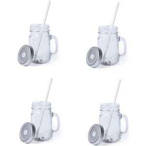 6x stuks glazen Mason Jar drinkbekers zilver dop/rietje 500 ml - Drinkbekers