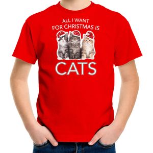 Kitten Kerst t-shirt / outfit All i want for Christmas is cats rood voor kinderen - kerst t-shirts kind