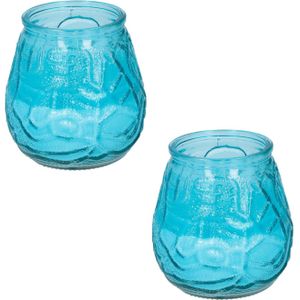 Set van 2x stuks citronella lowboy tafelkaarsen - 10 cm - blauw glas - geurkaarsen