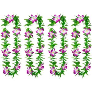 Hawaii krans/slinger - 4x - Tropische kleuren mix groen/paars - Bloemen hals slingers - Verkleedkransen