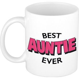 Best auntie ever cadeau mok / beker wit met roze cartoon letters 300 ml - feest mokken